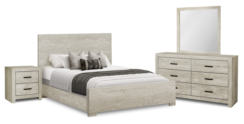 Soren 6pc Bedroom Set with Panel Bed, Dresser, Mirror & Nightstand, Bleached Oak - Queen Size