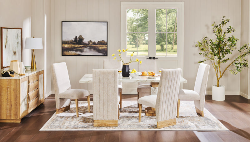 Vega Dining Chair with Polyester Fabric, Wood, Channeled Tufting - Natural