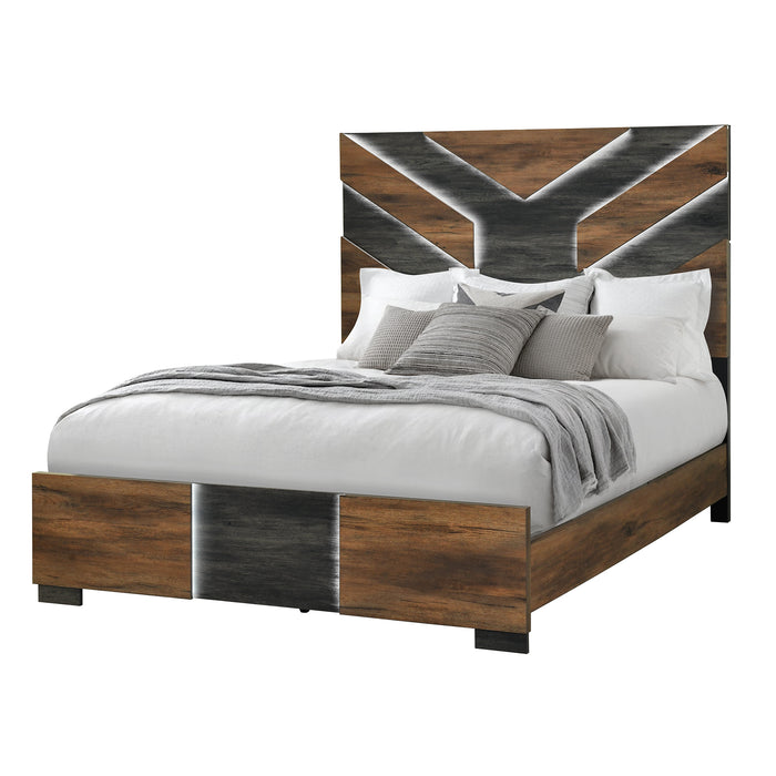 Titanium Panel Bed with Headboard & Frame, LED, Modern, Brown - Queen Size