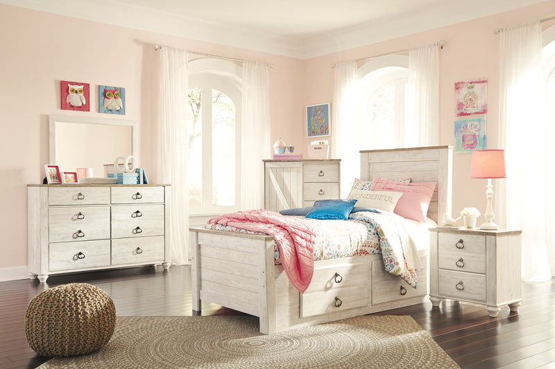 Willowton Platform Storage Bed with Headboard & Frame for Kids, Whitewash - Twin Size