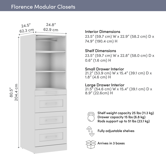 Bestar Florence 25\" Modular Reach-In/Walk-In Closet System Tower with LED Light, Shelves and 4 Drawers Shaker Style - White