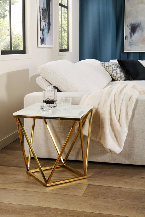 Amanda 21.5\" Modern Square End Table - White Marble Top with Gold Metal Base