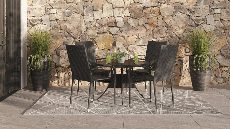 Arizona Outdoor Patio Table - Hand-Woven Resin Wicker, Round Tempered Glass Table Top, UV & Weather Resistant - Black