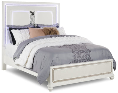 Ava Panel Bed with Headboard & Frame, LED, Glam, White - Queen Size | Lit à panneau Ava somptueux avec tête de lit, cadre de lit et éclairage à DEL, blanc - format grand …