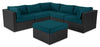 Barbados 6-Piece Outdoor Patio Set with 3 Corner Chairs, 2 Armless Chairs & Ottoman - Hand-Woven Resin Wicker, UV & Weather Resistant - Black/Blue