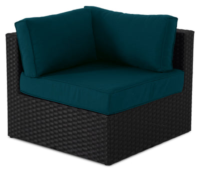 Barbados Corner Outdoor Patio Chair - Hand-Woven Resin Wicker, UV & Weather Resistant - Black/Blue | Fauteuil en coin Barbados pour la terrasse à l’extérieur - osier en résine tressé à la main, résistant aux rayons UV et aux intempéries - noir et bleu
