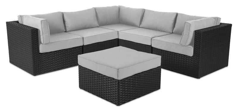 Barbados Outdoor Patio Ottoman - Hand-Woven Resin Wicker, UV & Weather Resistant - Black/Grey
