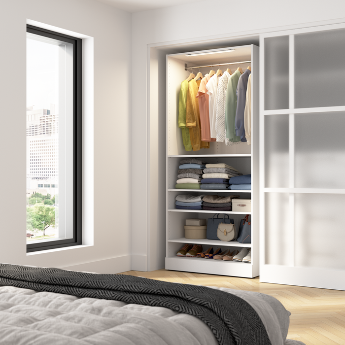 Bestar Florence 35\" Modular Reach-In/Walk-In Closet System with LED Light and Shelves - White