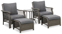 Belize 5-Piece Outdoor Patio Conversation Set with 2 Chairs, 2 Ottomans & Glass Top Coffee Table - Resin Wicker, UV & Weather Resistant - Grey