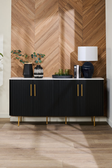 Kort & Co. Capri Dining Server with Storage, Marble-Look Top & Gold Accent, 66\"W - Black/White