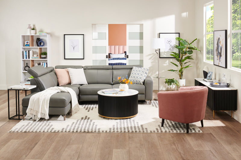 Kort & Co. Capri 32” Modern Round Coffee Table with White Sintered Stone Top and Casters - Black and Gold