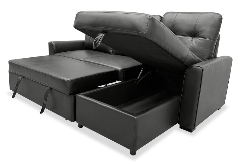 Carter 2-Piece Right-Facing Leather-Look Fabric Sleeper Sectional with Storage Chaise - Black