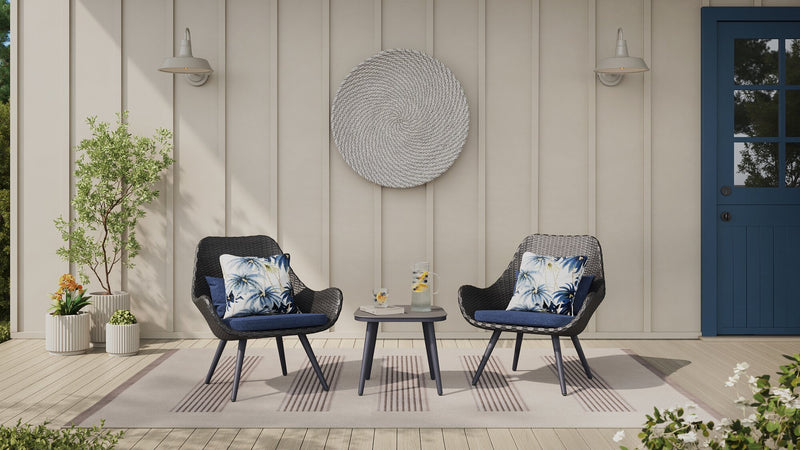 Costa Outdoor Patio Lounger Chair - Hand-Woven Resin Wicker & Metal, UV & Weather Resistant - Dark Grey/Blue