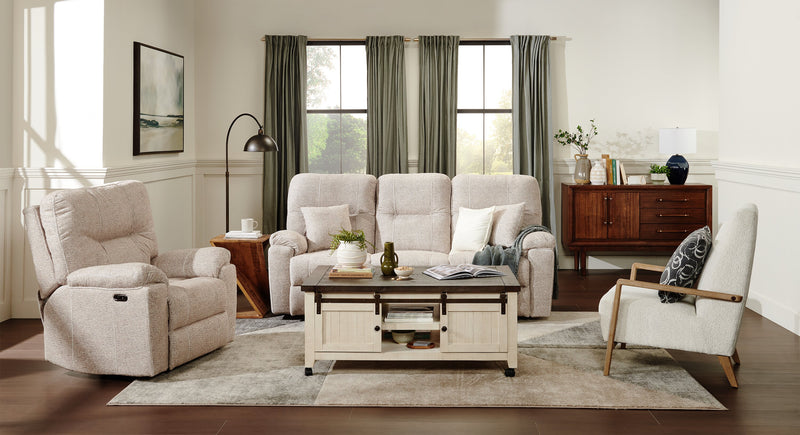 Made in Canada Dawson 87\" Fabric Power Reclining Sofa with USB Port and Accent Pillows - Beige