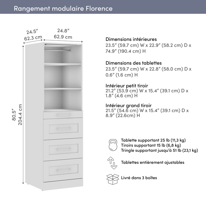 Bestar Florence 25\" Modular Reach-In/Walk-In Closet System Tower with LED Light, Shelves and 4 Drawers Shaker Style - White