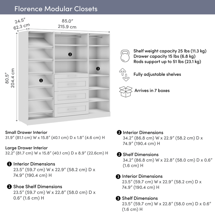 Bestar Florence 85\" Modular Reach-In/Walk-In Closet System with LED Lights, Drawers and Shoe Shelves Shaker Style - White