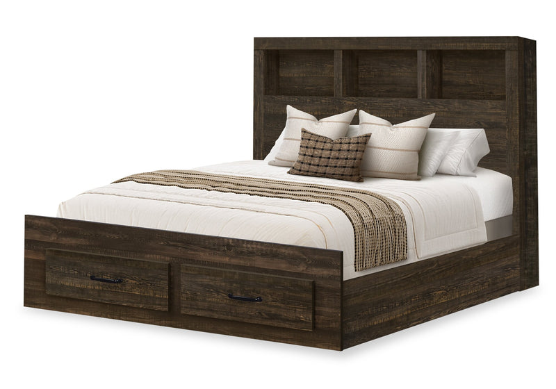 Ethan Storage 6pc Bedroom Set with Bookcase Headboard, Dresser, Mirror, Nightstand, Rustic Brown - Queen Size