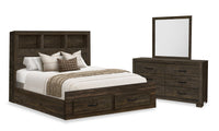 Ethan Storage 5pc Bedroom Set with Bookcase Headboard, Dresser & Mirror, Rustic Brown - Queen Size 