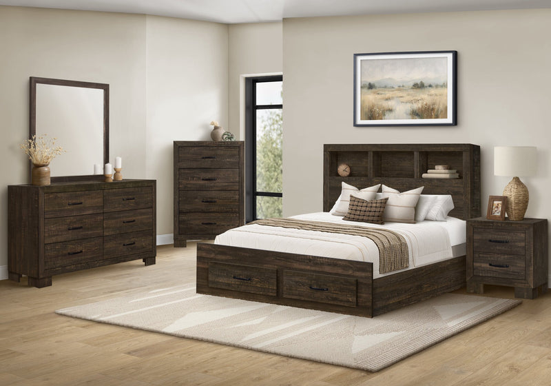 Ethan Storage 6pc Bedroom Set with Bookcase Headboard, Dresser, Mirror, Nightstand, Rustic Brown - Queen Size