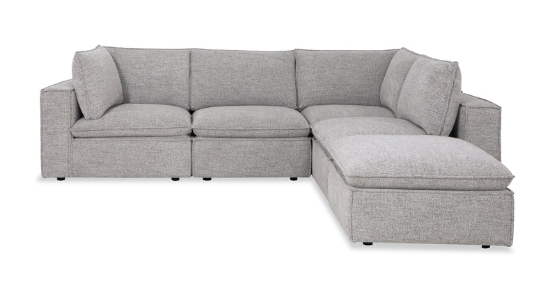 Fusion Modular 5-Piece Silver Grey Chenille Fabric Sectional with Feather Down Cushions and Ottoman