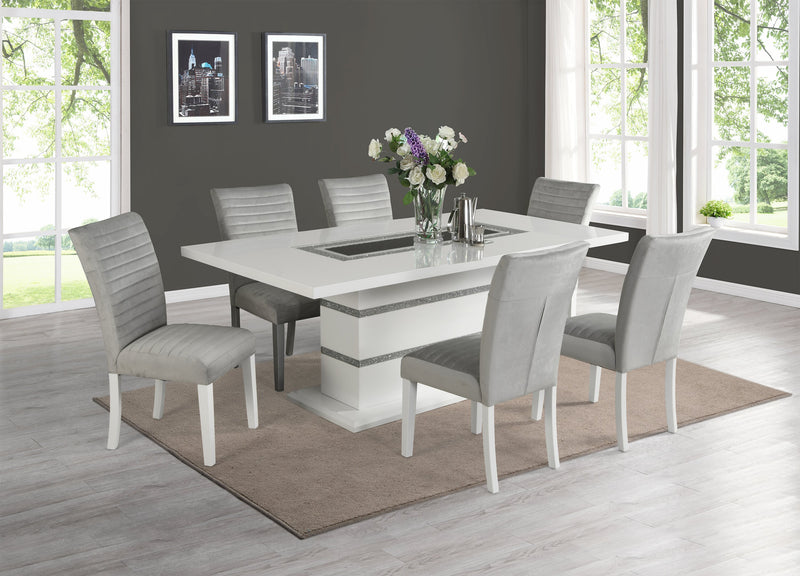 Garbo 7pc Dining Set with Table & 6 Chairs, Glass Insert, Pedestal Base, Glam, 78.75\"W - White