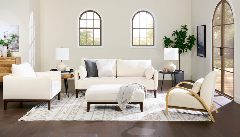 Cindy Crawford Home Gena 45\" Linen-Look Fabric Ottoman with Wood Base and Legs - Cotton White