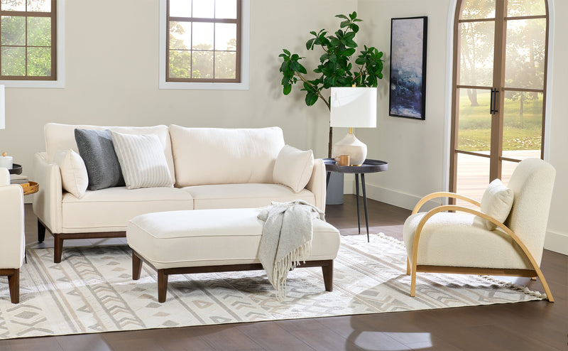 Cindy Crawford Home Gena 45\" Linen-Look Fabric Ottoman with Wood Base and Legs - Cotton White