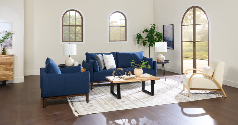 Cindy Crawford Home Gena 78.7\" Linen-Look Fabric Condo Size Sofa with Removable Back Cushions - Midnight Blue