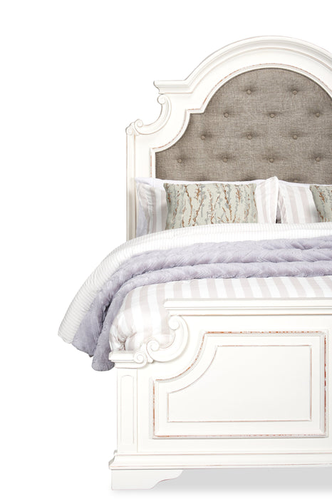 Grace Panel Bed with Headboard & Frame, Wooden, Fabric, Antique White - Queen Size