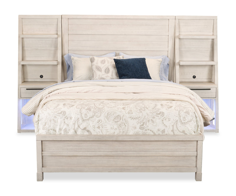 Haven Pier Bed with Headboard, Frame & 2 Piers, USB, LED, White - Queen Size