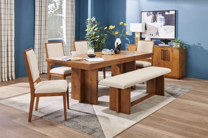 Scott Living Henri Dining Table with 66-84\"W Extension, Wood, Trestle Base - Brown