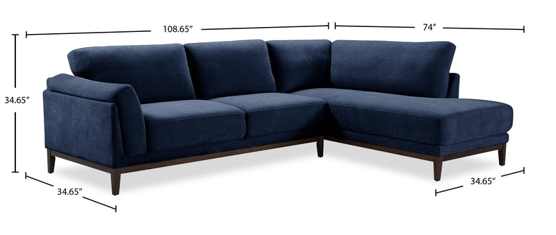 Horizon 2-Piece Right-Facing Fabric Sectional with Wood Base and Legs - Navy
