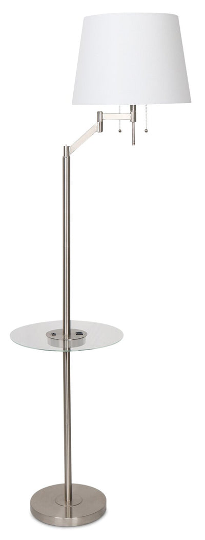 Kort & Co. Joss 61" Brushed Steel Floor Lamp with USB Charging and Built-In Side Table|Lampe à pied Joss de Kort & Co. de 61 po acier brossé avec recharge USB et table d’appoint intégrée