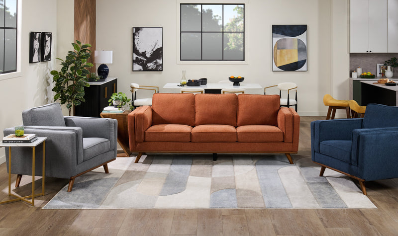 Kort & Co. Kassia 90.6\" Linen-Look Fabric Sofa with Wood Base and Legs - Orange