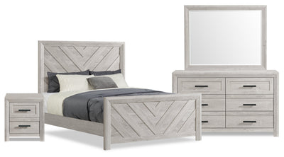 Lark 6pc Bedroom Set with Panel Bed, Dresser, Mirror & Nightstand, Rustic White - Queen Size | Ensemble de chambre à coucher Lark 6 pièces blanc rustique avec lit à panneaux, commode, miroir et table de nuit - format grand lit