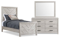 Lark 5pc Bedroom Set with Panel Bed, Dresser & Mirror, Rustic White  - Twin Size 