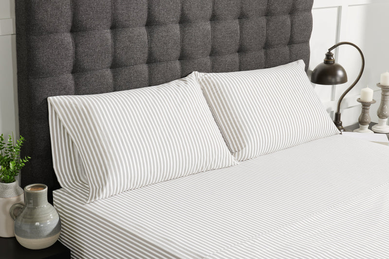 Striped 4-Piece King Cotton Sheet Set - Light Grey