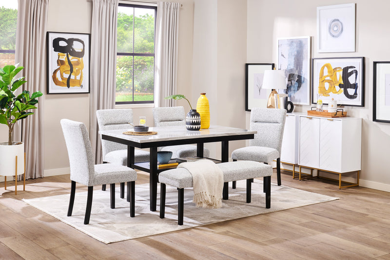 Libra Dining Table with Marble-Look Top & Storage Shelf, 60\"W- Black/Grey