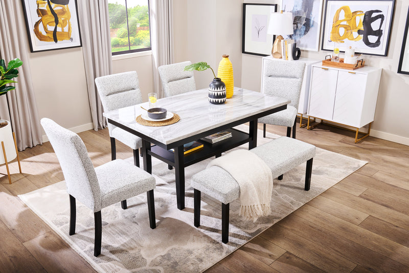 Libra Dining Table with Marble-Look Top & Storage Shelf, 60\"W- Black/Grey