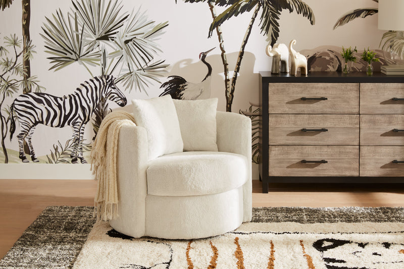 Made in Canada Petite 36\" Chenille Fabric Swivel Cuddler Accent Chair - Plush Heaven White