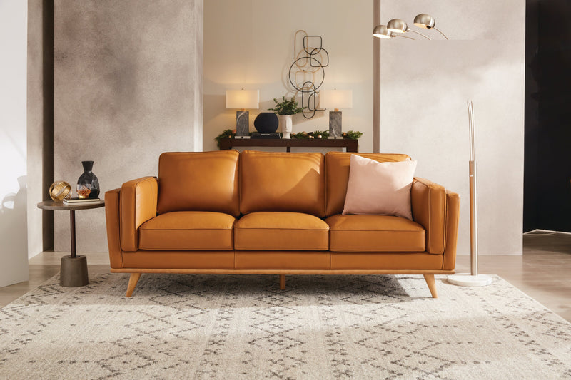 Vivia 86\" Genuine Leather Sofa with Removable Seat Cushions and Wood Base - Caramel Brown 