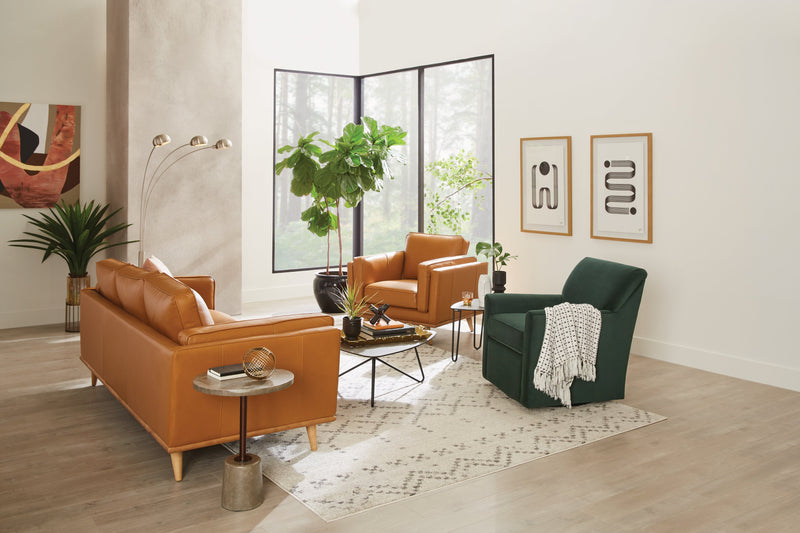 Vivia 86\" Genuine Leather Sofa with Removable Seat Cushions and Wood Base - Caramel Brown 