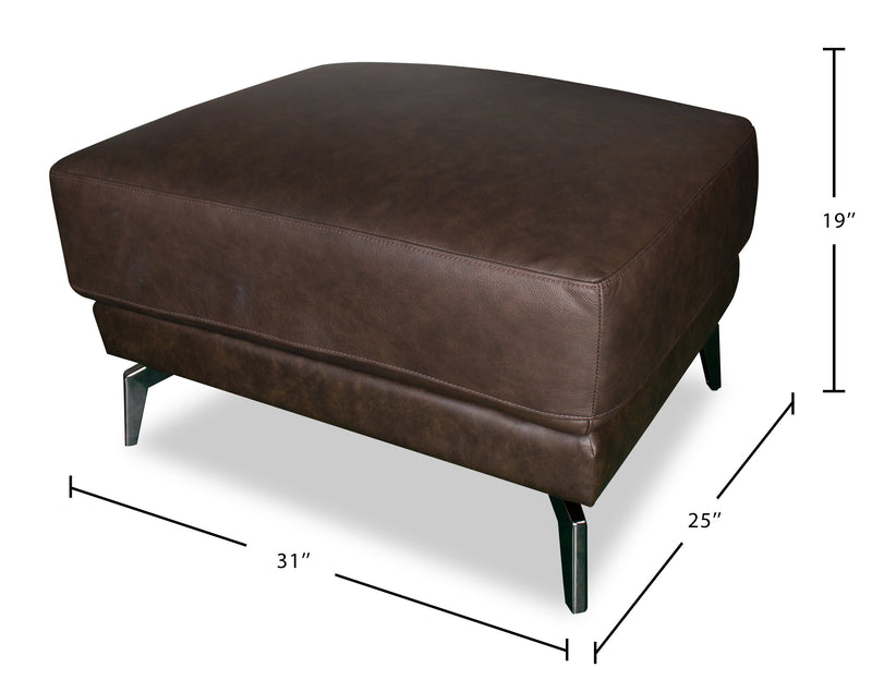 Melrose 31\" Top-Grain Genuine Leather Ottoman with Metal Legs - Dark Brown