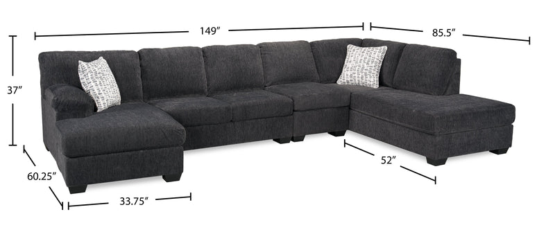 Made in Canada Morgan 3-Piece Right-Facing Chenille Fabric Wrap Sectional with Accent Pillows - Grey