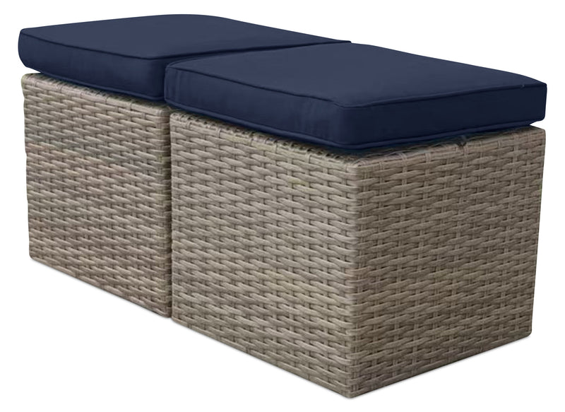 Naples Large Outdoor Patio Ottoman - Hand-Woven Resin Wicker, UV & Weather Resistant - Natural/Blue