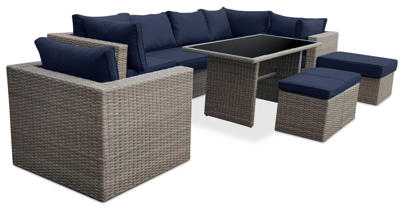 Naples Small Outdoor Patio Ottoman, Set of 2 - Hand-Woven Resin Wicker, UV & Weather Resistant - Natural/Blue