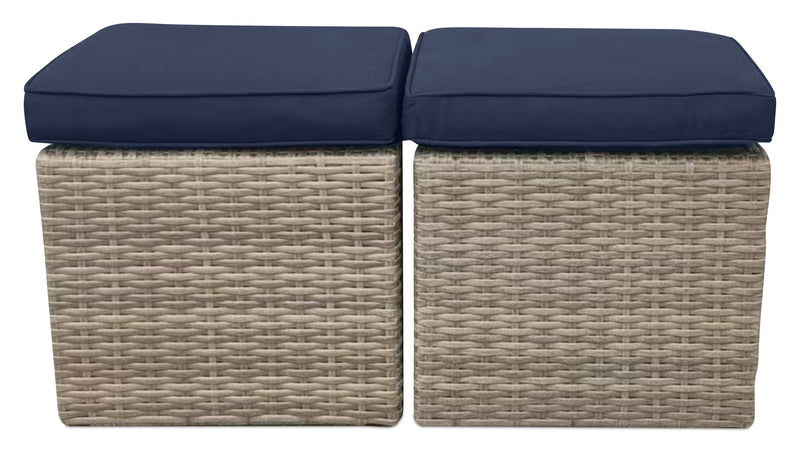 Naples Small Outdoor Patio Ottoman, Set of 2 - Hand-Woven Resin Wicker, UV & Weather Resistant - Natural/Blue
