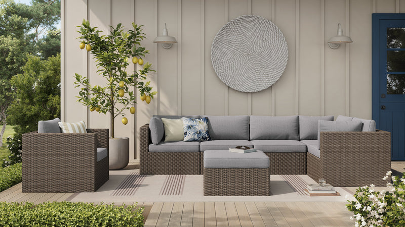Naples 7-Piece Outdoor Patio Set with 3 Corner Chairs, 2 Armless Chairs, Patio Chair & Ottoman - Hand-Woven Resin Wicker, UV & Weather Resistant - Natural/Grey