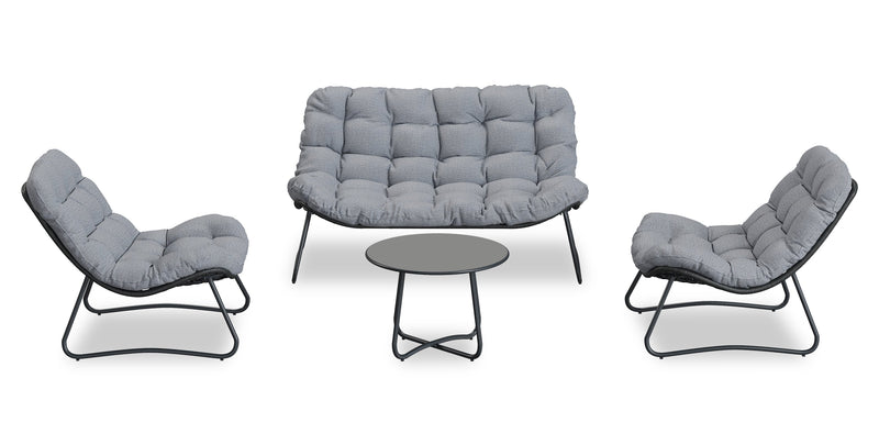 Oslo 4-Piece Outdoor Patio Conversation Set with Loveseat, 2 Lounger Chairs & Coffee Table - Resin Wicker & Metal, UV & Weather Resistant - Grey