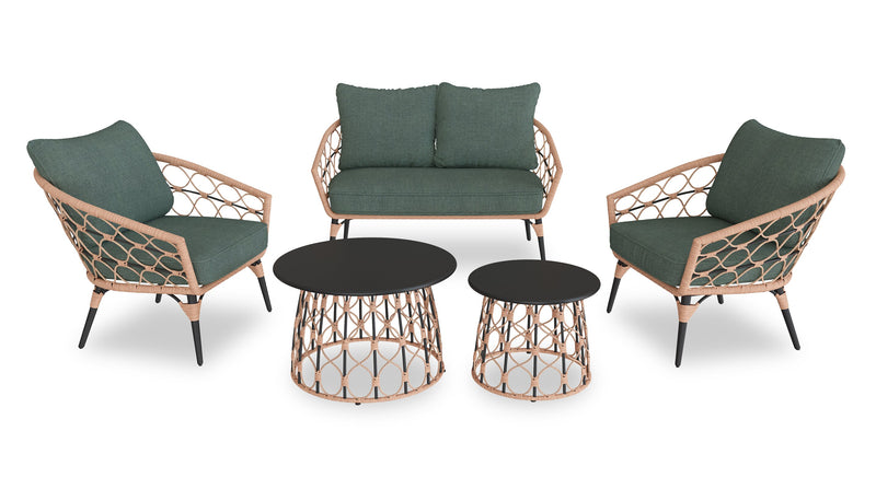 Kort & Co. Panama 5-Piece Outdoor Patio Set with Loveseat, 2 Chairs & Large & Small Tables - Hand-Woven Resin Wicker, UV & Weather Resistant - Natrual/Green